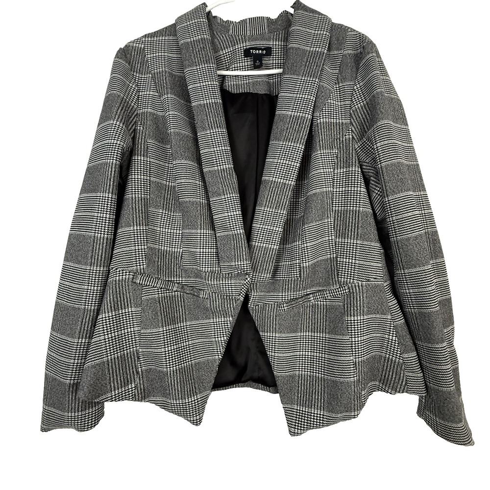 Torrid Blazer Women 0 Gray Plaid Professional Open Front Shawl Collar Stretch